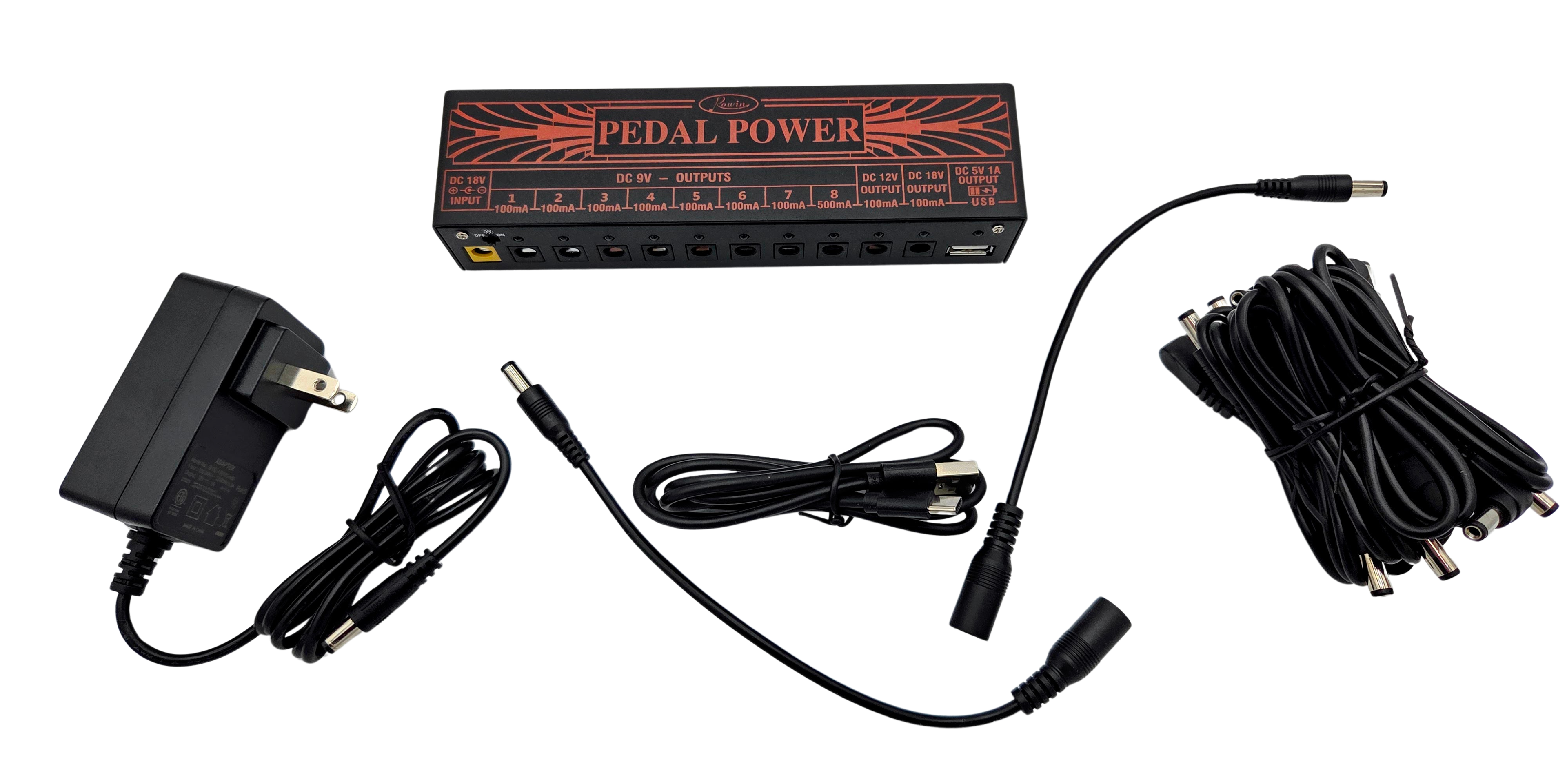 Rowin PW-01 Guitar Pedal Power Supply – 11 Outputs 9V 12V 18V USB – Incl. Cables